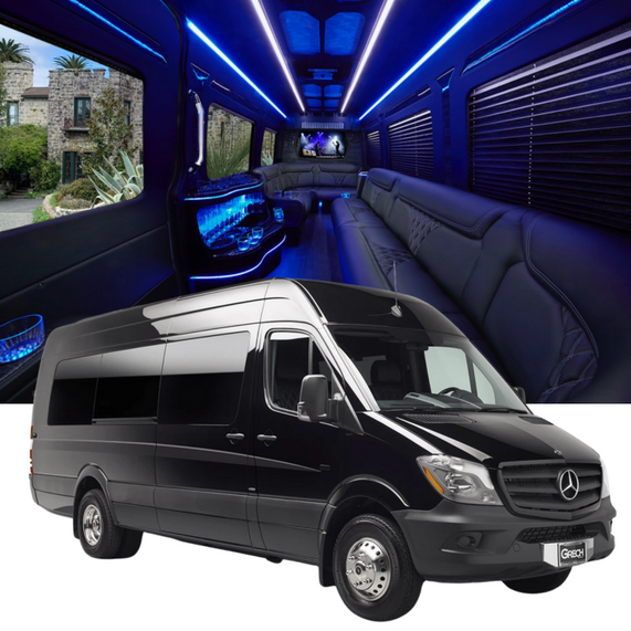 12-passenger Sprinter limo interior with LED accent lighting