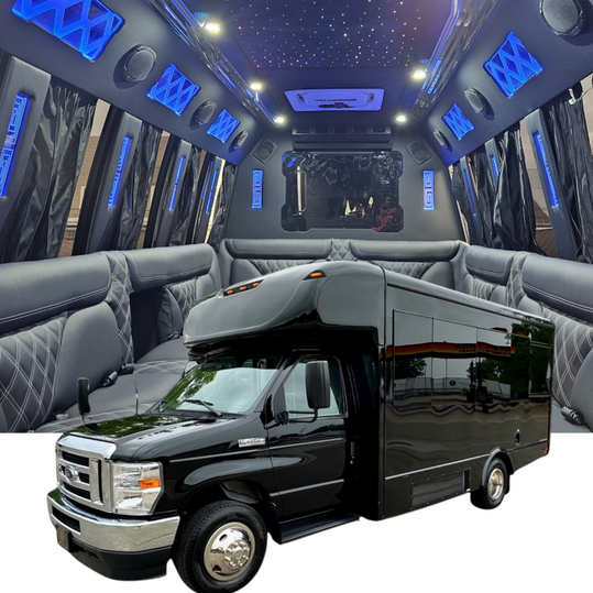 18-passenger luxury party bus with LED lighting and leather lounge seating