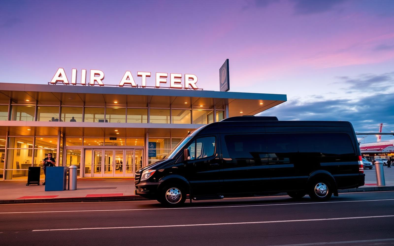 Luxury shuttle van at an airport terminal at dusk