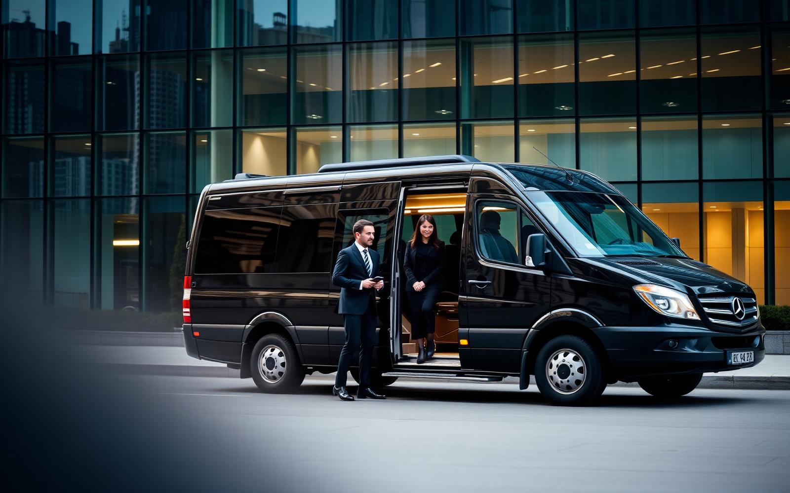 Executive team boarding a black Mercedes Sprinter outside a modern office building