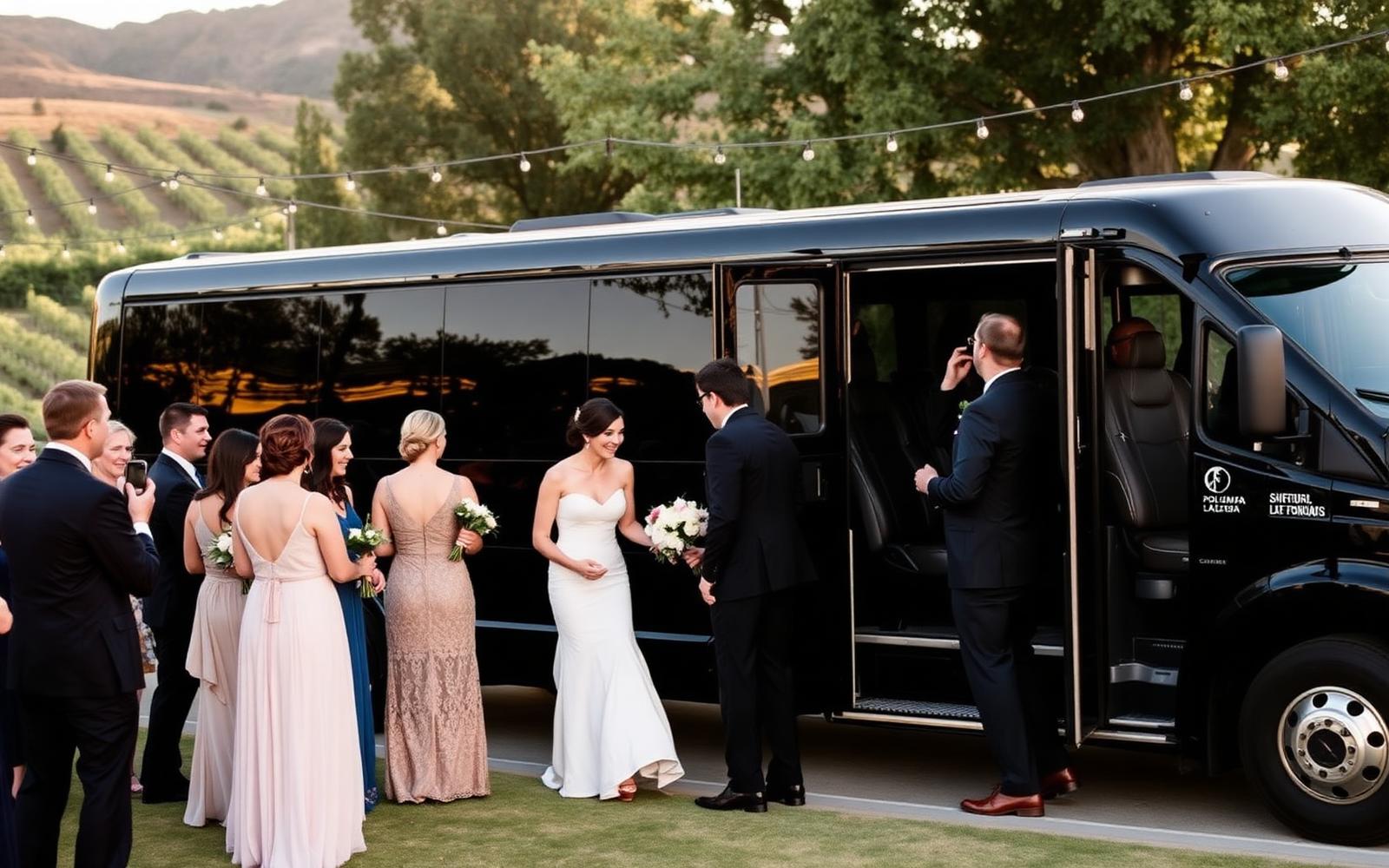 Wedding guests being welcomed off a luxury shuttle at a Sonoma winery reception